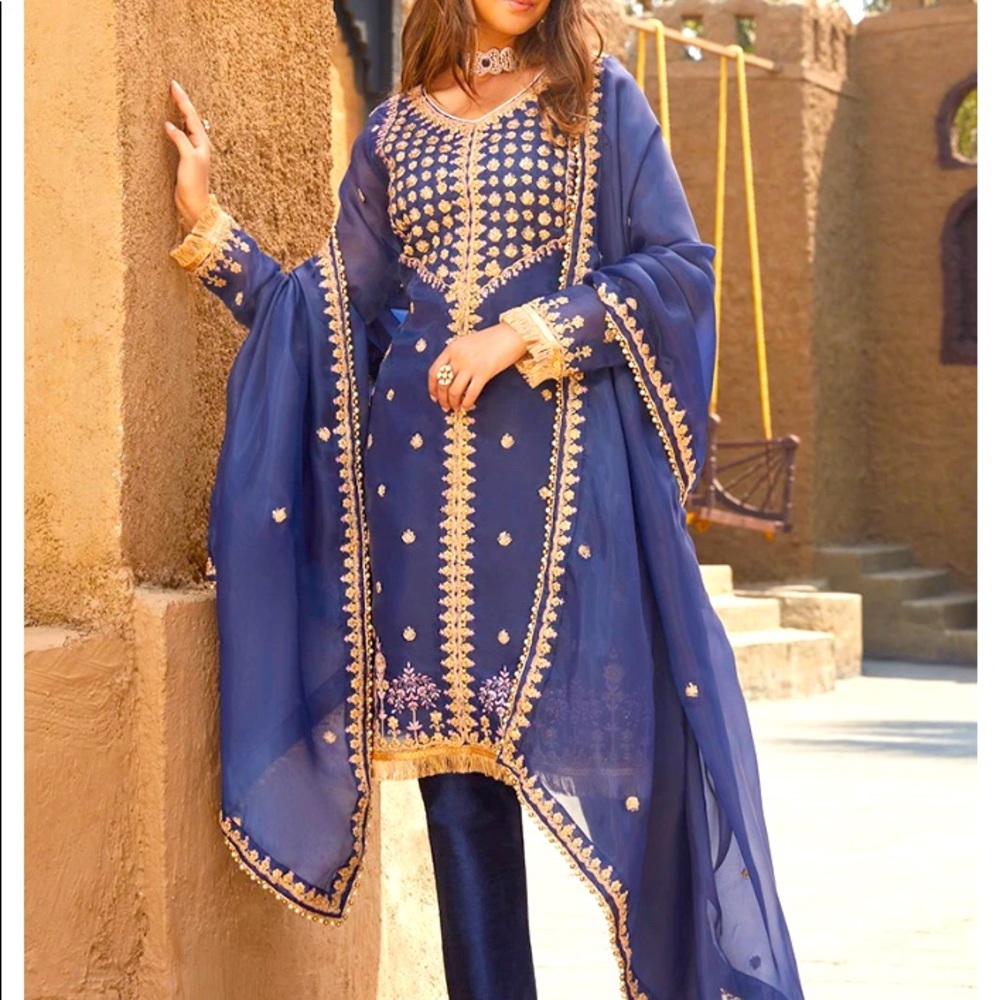 navy blue organza suit